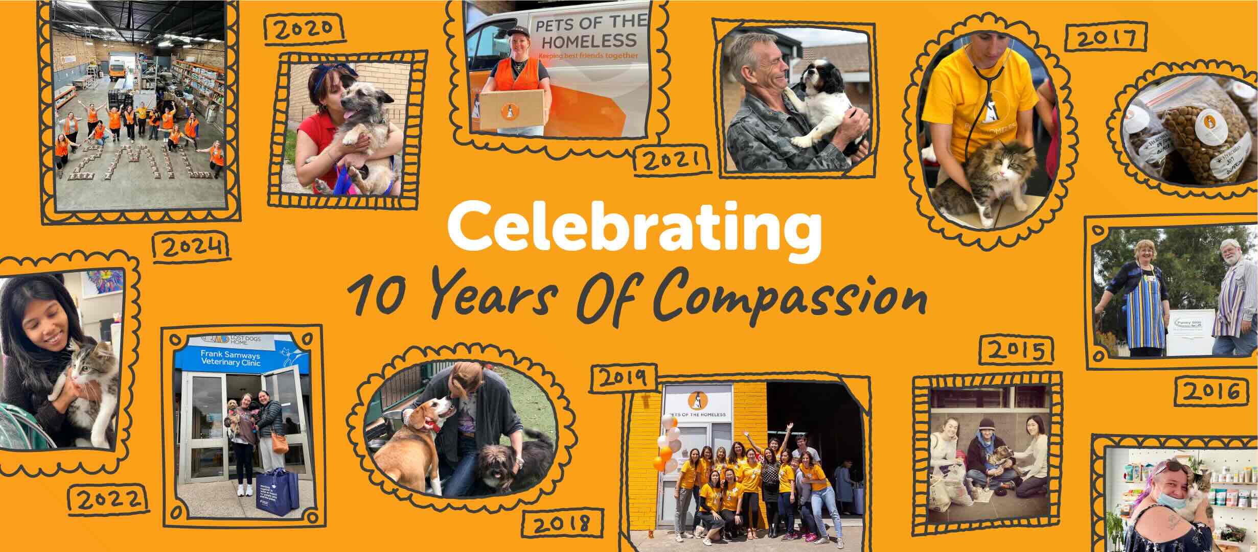 A joyful collage celebrating 10 years of Pets Of The Homeless, filled with snapshots of volunteers, clients, and beloved pets. Each photo captures a year of compassion, showcasing a decade of dedication to keeping best friends together. A joyful collage celebrating 10 years of Pets Of The Homeless, filled with snapshots of volunteers, clients, and beloved pets. Each photo captures a year of compassion, showcasing a decade of dedication to keeping best friends together.