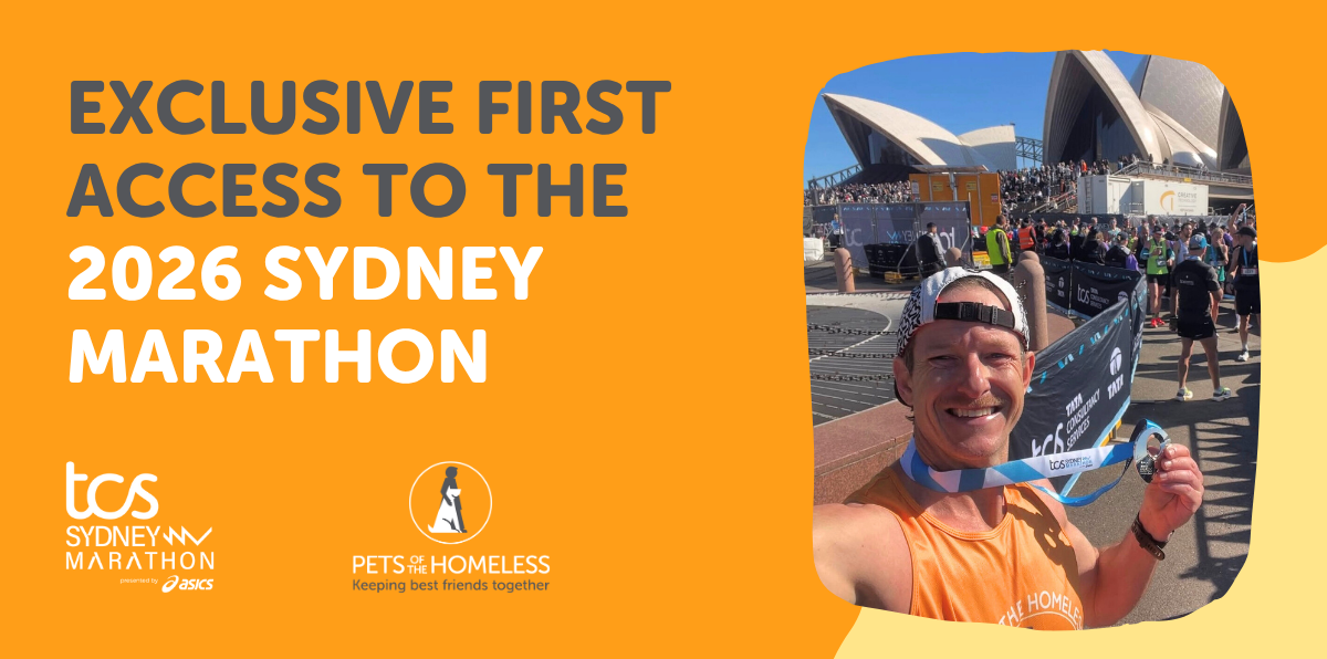Promotional graphic offering exclusive first access to the 2026 Sydney Marathon with Pets Of The Homeless, featuring a smiling runner holding a medal in front of the Sydney Opera House.