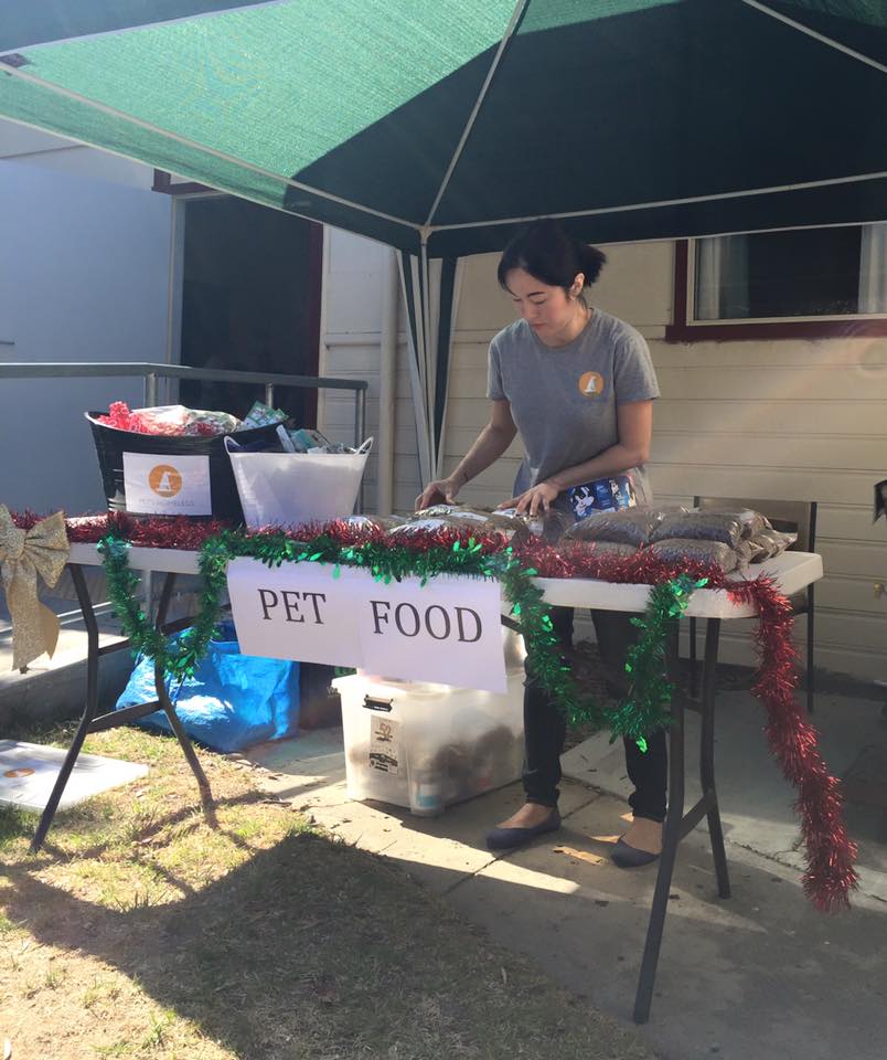 The Pets Of The Homeless founder, Yvonne, wearing a grey Pets Of The Homeless t-shirt stands behind a table decorated with tinsel, preparing bags of pet food at a Christmas-themed stall. The table is set up under a green marquee, with clearly labelled 'Pet Food' signage and donation bins. The Pets Of The Homeless founder, Yvonne, wearing a grey Pets Of The Homeless t-shirt stands behind a table decorated with tinsel, preparing bags of pet food at a Christmas-themed stall. The table is set up under a green marquee, with clearly labelled 'Pet Food' signage and donation bins.